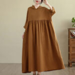 Buddha Stones Fall Hoodie Design Long Sleeve Cotton Linen Maxi Dress With Pockets - image 3