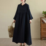 Buddha Stones Fall Hoodie Design Long Sleeve Cotton Linen Maxi Dress With Pockets - image 14