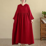 Buddha Stones Fall Hoodie Design Long Sleeve Cotton Linen Maxi Dress With Pockets - Red - US4-8/10，UK/AU8-12/14，EU36-40/42(F) - image 15