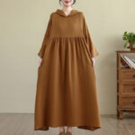 Buddha Stones Fall Hoodie Design Long Sleeve Cotton Linen Maxi Dress With Pockets - image 6