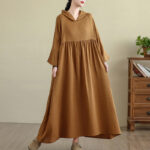 Buddha Stones Fall Hoodie Design Long Sleeve Cotton Linen Maxi Dress With Pockets - DarkGoldenrod - US4-8/10，UK/AU8-12/14，EU36-40/42(F) - image 1