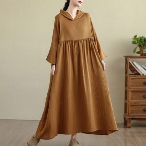 Buddha Stones Fall Hoodie Design Long Sleeve Cotton Linen Maxi Dress With Pockets - DarkGoldenrod - US4-8/10，UK/AU8-12/14，EU36-40/42(F) - image 1
