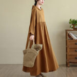 Buddha Stones Fall Hoodie Design Long Sleeve Cotton Linen Maxi Dress With Pockets - image 7