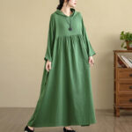 Buddha Stones Fall Hoodie Design Long Sleeve Cotton Linen Maxi Dress With Pockets - image 25