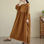 Buddha Stones Fall Hoodie Design Long Sleeve Cotton Linen Maxi Dress With Pockets - image 4