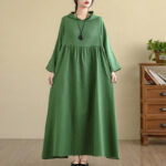 Buddha Stones Fall Hoodie Design Long Sleeve Cotton Linen Maxi Dress With Pockets - MediumSeaGreen - US4-8/10，UK/AU8-12/14，EU36-40/42(F) - image 22