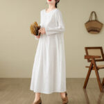 Buddha Stones Plain Jacquard Flower Irregular Design Cotton Linen Maxi Dress With Pockets - image 20