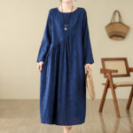 Buddha Stones Plain Jacquard Flower Irregular Design Cotton Linen Maxi Dress With Pockets - image 3