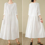 Buddha Stones Plain Jacquard Flower Irregular Design Cotton Linen Maxi Dress With Pockets - image 22
