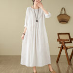 Buddha Stones Plain Jacquard Flower Irregular Design Cotton Linen Maxi Dress With Pockets - White - US8-10，UK/AU12-14，EU40-42 (2XL) - image 18