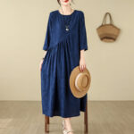 Buddha Stones Plain Jacquard Flower Irregular Design Cotton Linen Maxi Dress With Pockets - image 5
