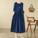 Buddha Stones Plain Jacquard Flower Irregular Design Cotton Linen Maxi Dress With Pockets - MidnightBlue - US8-10，UK/AU12-14，EU40-42 (2XL) - image 1