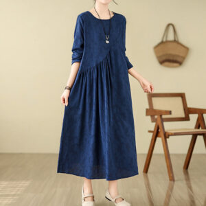 Buddha Stones Plain Jacquard Flower Irregular Design Cotton Linen Maxi Dress With Pockets - MidnightBlue - US8-10，UK/AU12-14，EU40-42 (2XL) - image 1