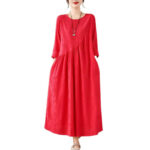 Buddha Stones Plain Jacquard Flower Irregular Design Cotton Linen Maxi Dress With Pockets - image 17