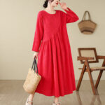 Buddha Stones Plain Jacquard Flower Irregular Design Cotton Linen Maxi Dress With Pockets - Red - US8-10，UK/AU12-14，EU40-42 (2XL) - image 7