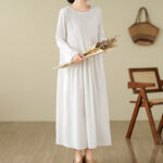 Buddha Stones Plain Jacquard Flower Irregular Design Cotton Linen Maxi Dress With Pockets - image 21