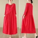Buddha Stones Plain Jacquard Flower Irregular Design Cotton Linen Maxi Dress With Pockets - image 16