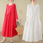 Buddha Stones Plain Jacquard Flower Irregular Design Cotton Linen Maxi Dress With Pockets - image 24
