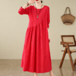 Buddha Stones Plain Jacquard Flower Irregular Design Cotton Linen Maxi Dress With Pockets - image 9