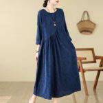 Buddha Stones Plain Jacquard Flower Irregular Design Cotton Linen Maxi Dress With Pockets - image 6