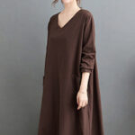 Buddha Stones Fall Casual Simple Design Long Sleeve Cotton Linen Maxi Dress With Pockets - image 4