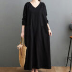 Buddha Stones Fall Casual Simple Design Long Sleeve Cotton Linen Maxi Dress With Pockets - image 8