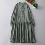 Buddha Stones Casual Plaid Buttons Lantern Long Sleeve Cotton Midi Dress - MediumSeaGreen - US14，UK/AU18，EU46 (2XL) - image 1