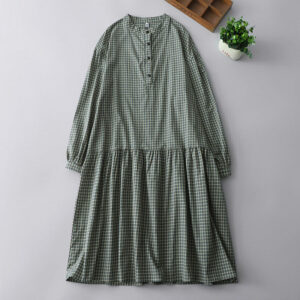 Buddha Stones Casual Plaid Buttons Lantern Long Sleeve Cotton Midi Dress - MediumSeaGreen - US14，UK/AU18，EU46 (2XL) - image 1