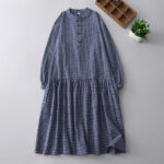 Buddha Stones Casual Plaid Buttons Lantern Long Sleeve Cotton Midi Dress - DarkBlue - US14，UK/AU18，EU46 (2XL) - image 12