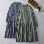 Buddha Stones Casual Plaid Buttons Lantern Long Sleeve Cotton Midi Dress - image 18