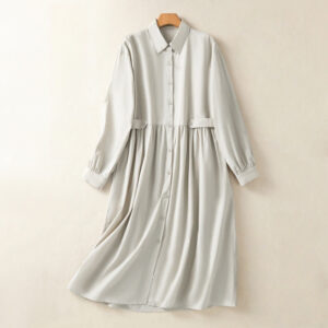 Buddha Stones Casual Plaid Pleats Buttons Design Long Sleeve Cotton Midi Dress With Pockets - Beige - US8-10，UK/AU12-14，EU40-42 (2XL) - image 1