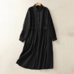 Buddha Stones Casual Plaid Pleats Buttons Design Long Sleeve Cotton Midi Dress With Pockets - Black - US8-10，UK/AU12-14，EU40-42 (2XL) - image 17