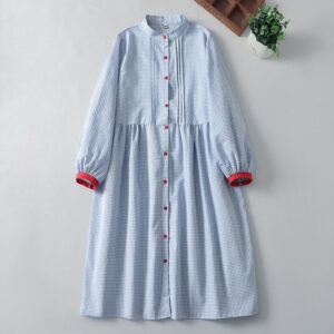 Buddha Stones Casual Plaid Pattern Long Lantern Sleeve Cotton Linen Midi Dress With Pockets - LightSkyBlue - US8-10，UK/AU12-14，EU40-42 (2XL) - image 1