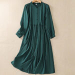 Buddha Stones DarkGreen Ruffled Crew Neck Buttons Design Cotton Midi Dress With Pockets - DarkGreen - US8-10，UK/AU12-14，EU40-42 (2XL) - image 1