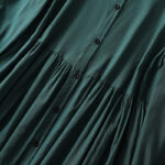 Buddha Stones DarkGreen Ruffled Crew Neck Buttons Design Cotton Midi Dress With Pockets - image 6