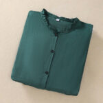 Buddha Stones DarkGreen Ruffled Crew Neck Buttons Design Cotton Midi Dress With Pockets - image 12