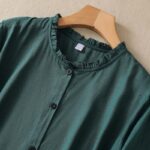 Buddha Stones DarkGreen Ruffled Crew Neck Buttons Design Cotton Midi Dress With Pockets - image 3