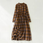 Buddha Stones Vintage Plaid Ruffled V-Neck Drawstring Cotton Linen Midi Dress With Pockets - DarkGoldenrod - US8-10，UK/AU12-14，EU40-42 (2XL) - image 1