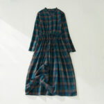 Buddha Stones Vintage Plaid Ruffled V-Neck Drawstring Cotton Linen Midi Dress With Pockets - DarkCyan - US8-10，UK/AU12-14，EU40-42 (2XL) - image 3