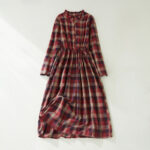 Buddha Stones Vintage Plaid Ruffled V-Neck Drawstring Cotton Linen Midi Dress With Pockets - Crimson - US8-10，UK/AU12-14，EU40-42 (2XL) - image 9