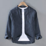 Buddha Stones Vintage Men's Striped Pattern Cotton Linen Long Sleeve Shirt - MidnightBlue - US/UK/AU42，EU52 (3XL) - image 1
