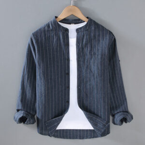 Buddha Stones Vintage Men's Striped Pattern Cotton Linen Long Sleeve Shirt - MidnightBlue - US/UK/AU42，EU52 (3XL) - image 1