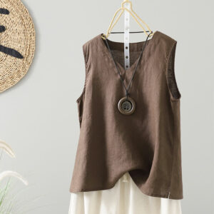 Buddha Stones Vintage Summer Solid Color V-Neck Cotton Linen Women's Vest Waistcoat - SaddleBrown - US8-10，UK/AU12-14，EU40-42 (2XL) - image 1