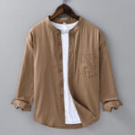 Buddha Stones Men's Long Sleeve Stand Collar With Pocket Pure Color Casual Cotton Linen Shirt - DarkGoldenrod - US/UK/AU40，EU50 (3XL) - image 22