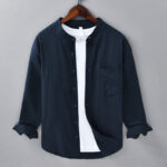 Buddha Stones Men's Long Sleeve Stand Collar With Pocket Pure Color Casual Cotton Linen Shirt - MidnightBlue - US/UK/AU40，EU50 (3XL) - image 38