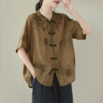 Buddha Stones Purple Flower Print Frog-Button Design Cotton Linen Shirt - image 3