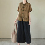 Buddha Stones Purple Flower Print Frog-Button Design Cotton Linen Shirt - image 12