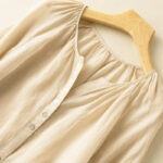 Buddha Stones Vintage Button Three Quarter Puff Sleeve V-Neck Cotton Linen Women's Shirt - image 12