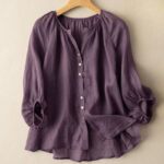 Buddha Stones Vintage Button Three Quarter Puff Sleeve V-Neck Cotton Linen Women's Shirt - DarkMagenta - US14，UK/AU18，EU46 (4XL) - image 8