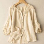 Buddha Stones Vintage Button Three Quarter Puff Sleeve V-Neck Cotton Linen Women's Shirt - PaleGoldenrod - US14，UK/AU18，EU46 (4XL) - image 10